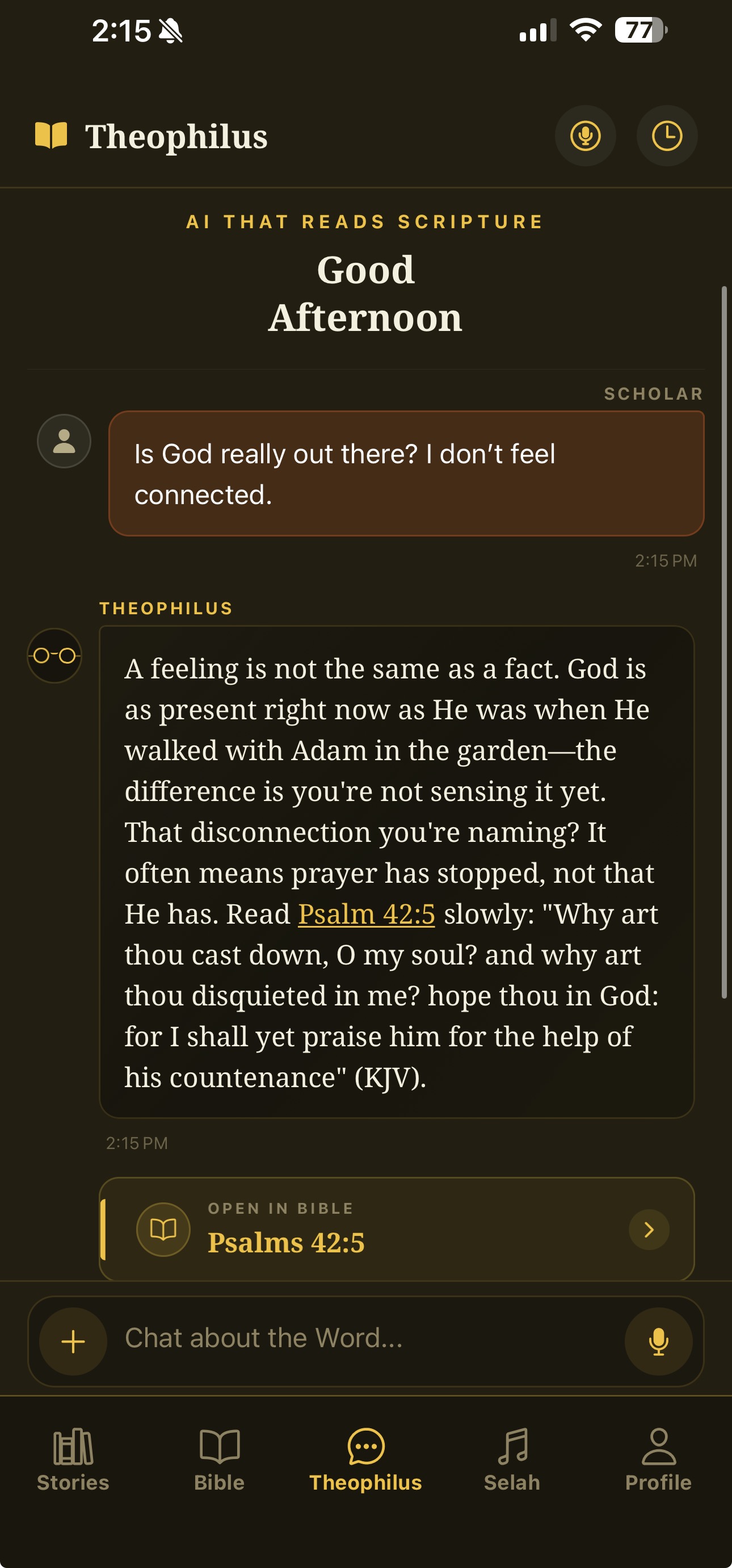 Bible 2.0 Theophilus theologian chat screen